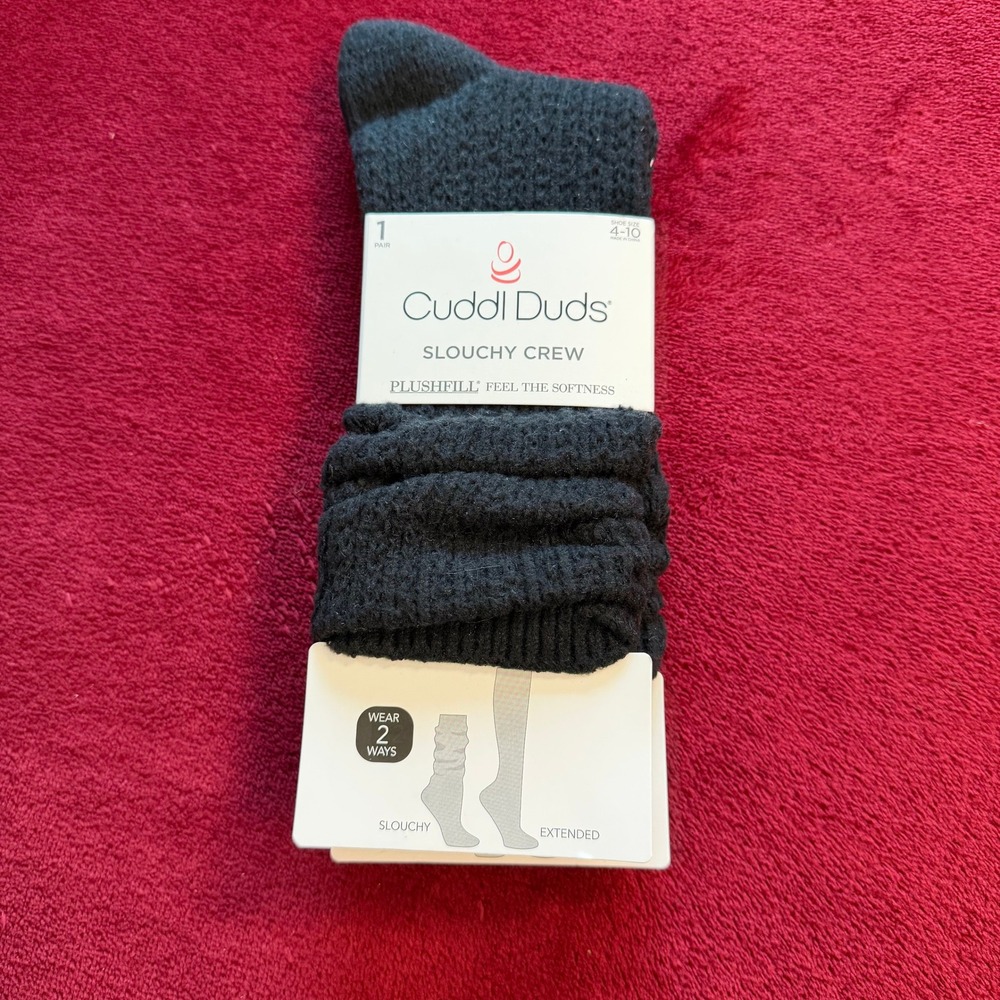 Cuddl Duds Slouchy Crew Socks Plushfill Black Shoe Size 4-10 New 1 Pair